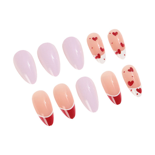 Romantic Charm Long Almond Shaped Long Lasting Lavender Pink and Heart Design Press On Nail Set