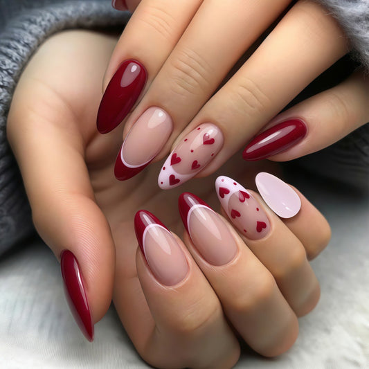 Romantic Elegance Long Almond Red and Pink Press On Nail Set with Charming Heart Patterns