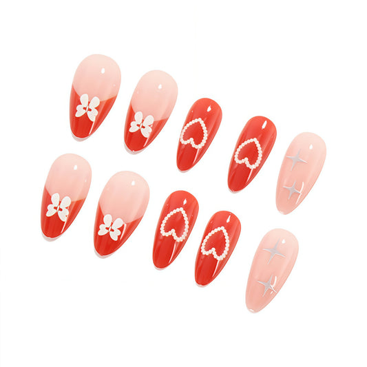Romantic Blossom Press-On Nail Set Long Almond Shape Red and Pink with Floral and Heart Designs
