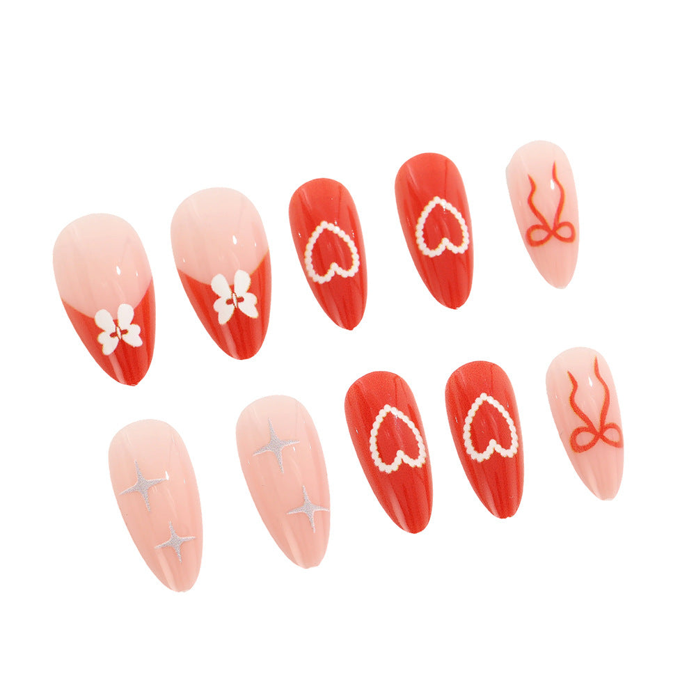 Romantic Blossoms Long Almond Shape Red and Pink Nails with Heart and Floral Designs