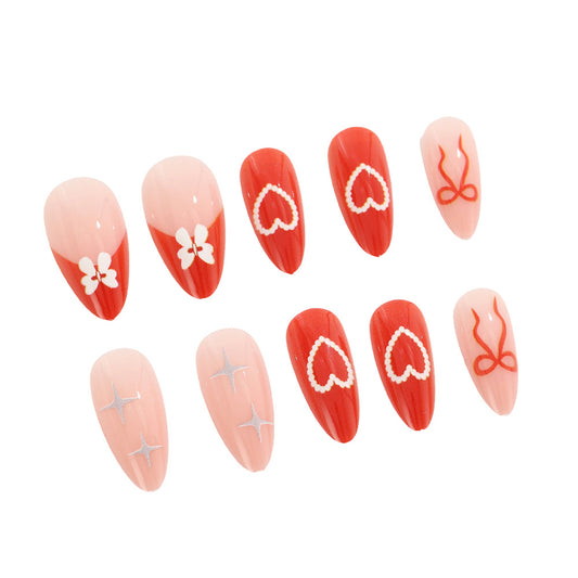 Romantic Blossoms Long Almond Shape Red and Pink Nails with Heart and Floral Designs