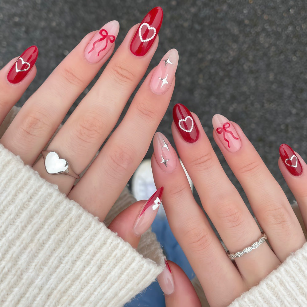 Romantic Heartfelt Long Almond Shaped Red and Beige Press-On Nail Set with Charmingly Adorned Designs