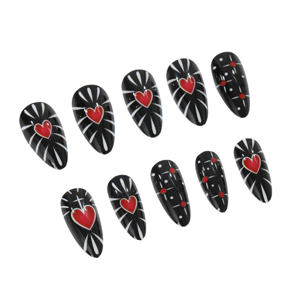 Gothic Romance Long Almond Black Press On Nail Set with Heart and Stripe Design