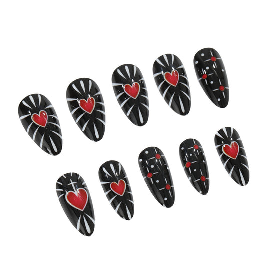 Gothic Romance Long Almond Black Press On Nail Set with Heart and Stripe Design