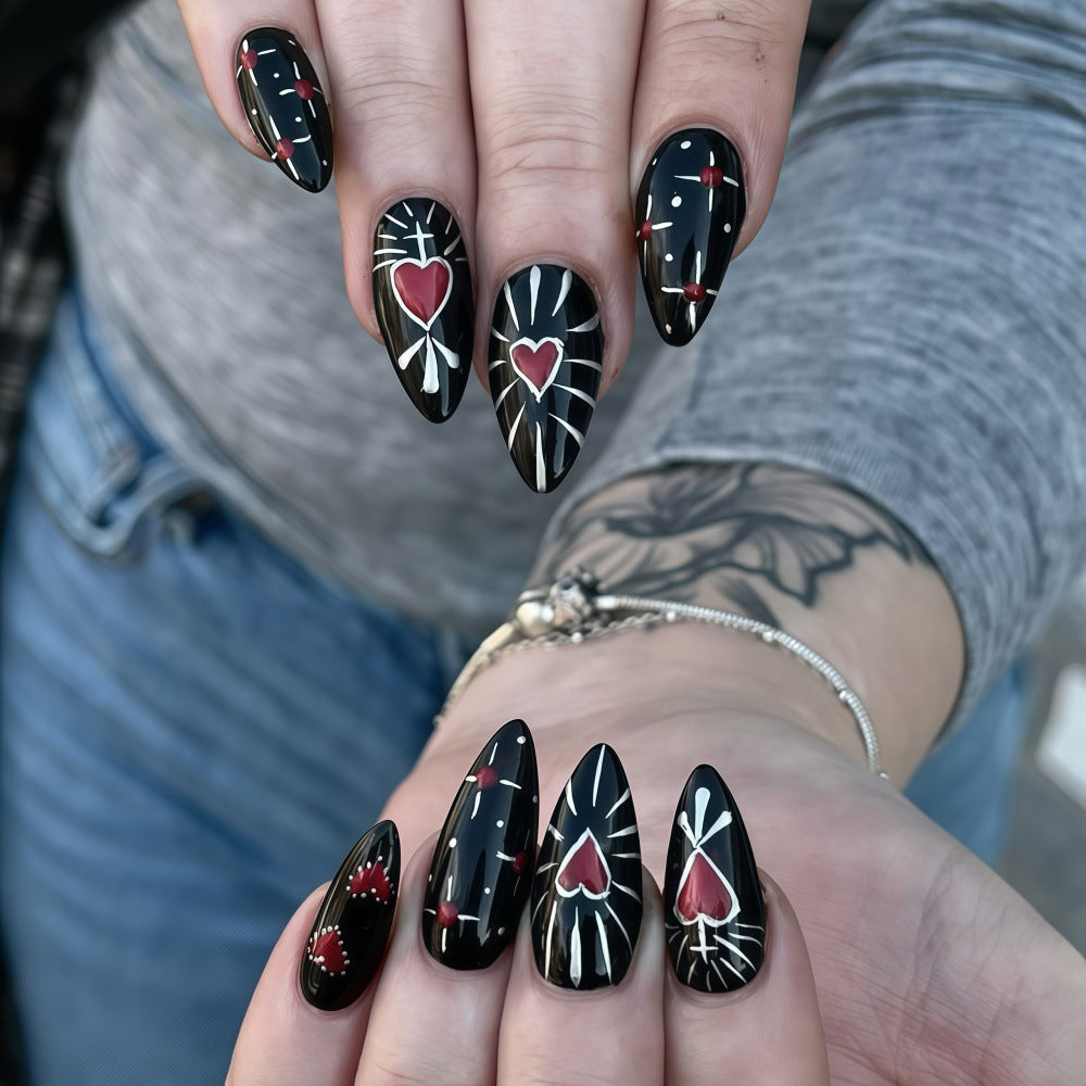 Gothic Romance Curved Long Almond Black Press On Nail Set with Heart and Spider Web Design