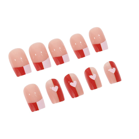 Charming Romance Short Square Soft Pink and Red Heart Accent Press On Nail Set