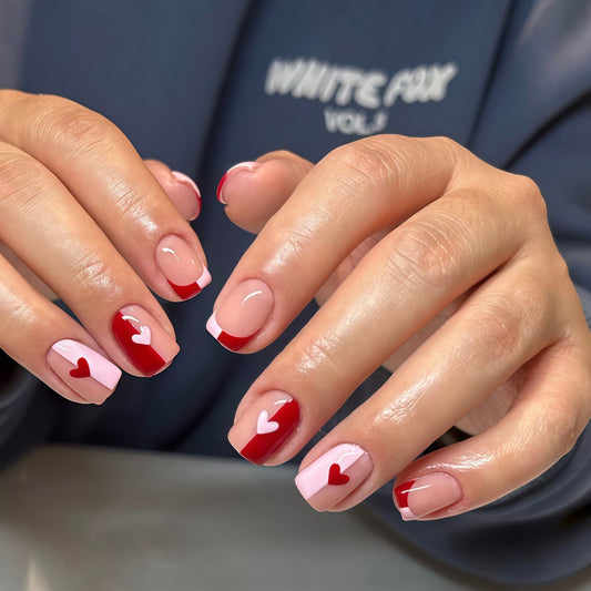 Romantic Heartbeat Short Square Red and Pink Press-On Nail Set with Charming Heart Accents