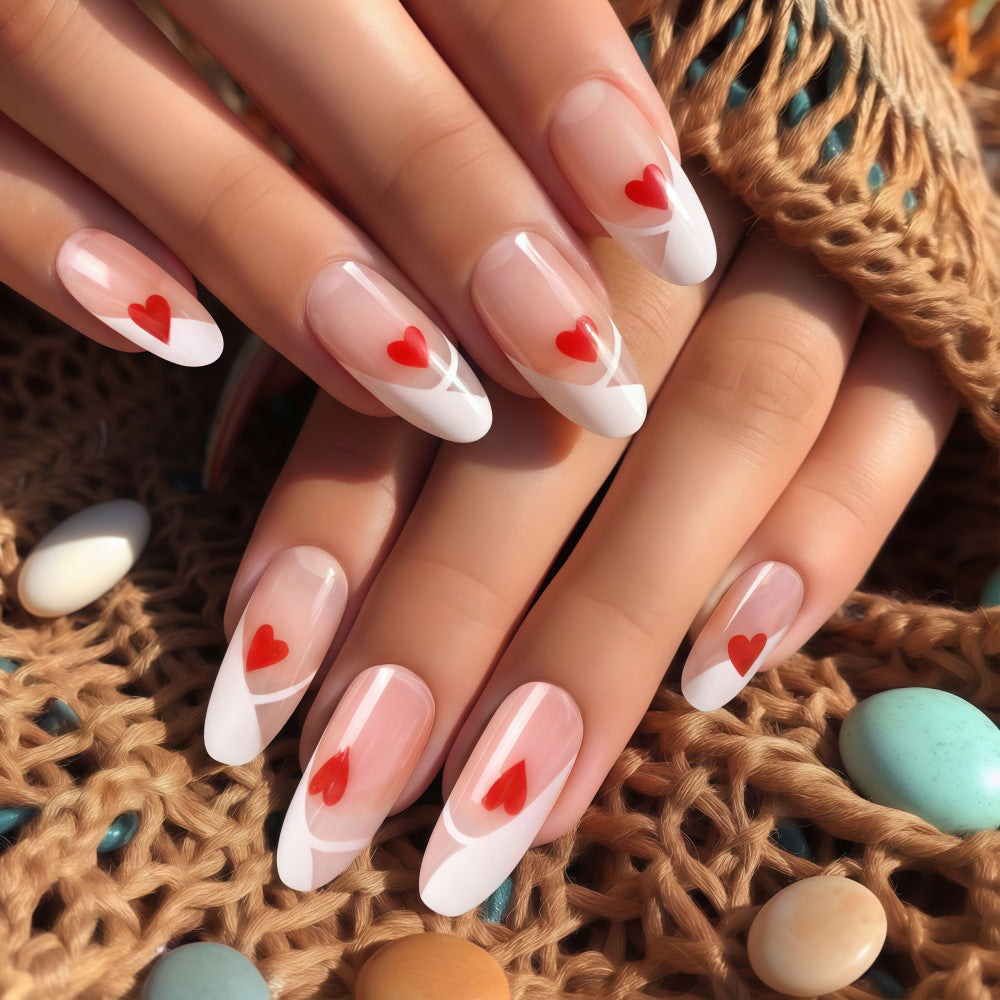Romantic Heartfelt Elegance Long Oval Shaped Clear and White Press On Nail Set with Vibrant Heart Accents