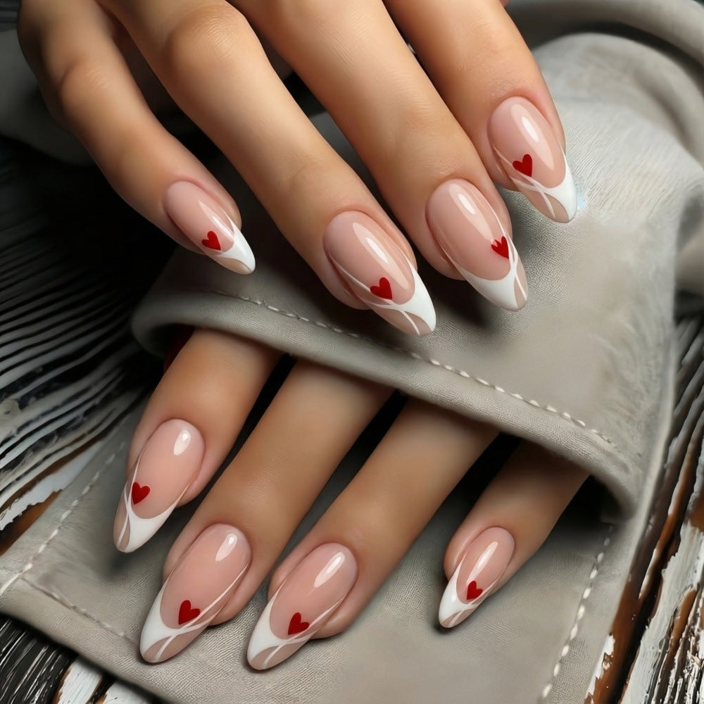 Romantic Heartbeat Long Almond Pink and White Nails with Charming Heart Accents