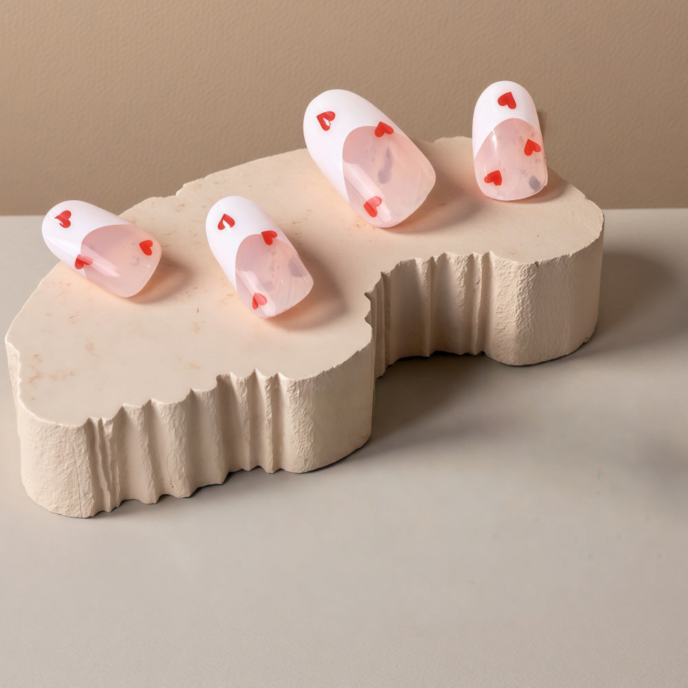 Love Inspired Short Oval White Press On Nail Set with Heart Accents