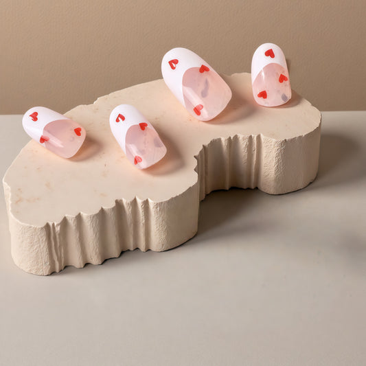 Love Inspired Short Oval White Press On Nail Set with Heart Accents