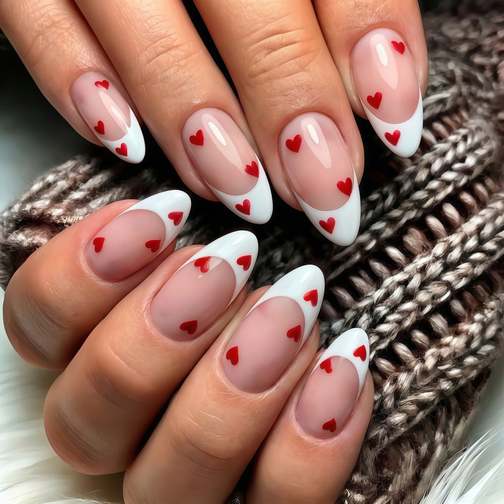 Romantic Dream Heart Themed Long Almond Shaped White and Clear Nails with Red Heart Accents
