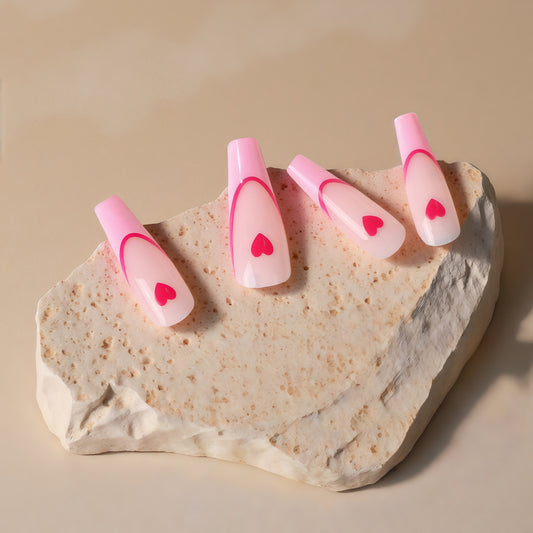 Charming Romance Long Coffin Shape Soft Pink with Heart Accent Press-On Nail Set