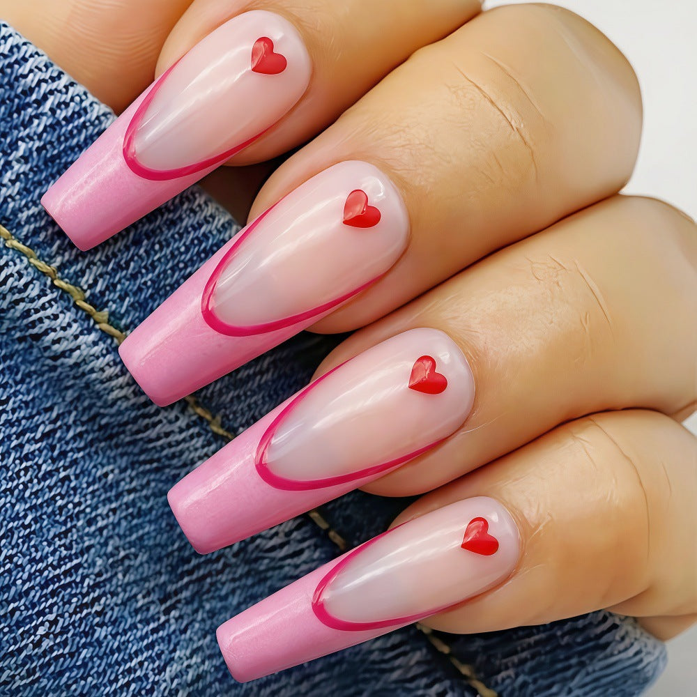 Romantic Heartfelt Long Coffin Pink Press On Nail Set with Vibrant Heart Accents