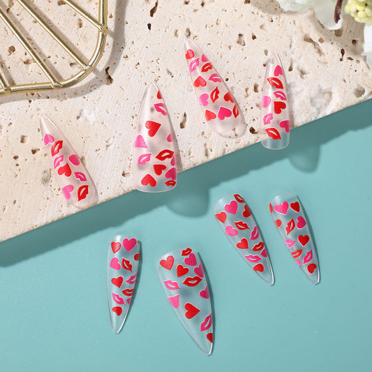 Romantic Kiss Themed Long Stiletto Transparent Nails with Heart and Lip Designs