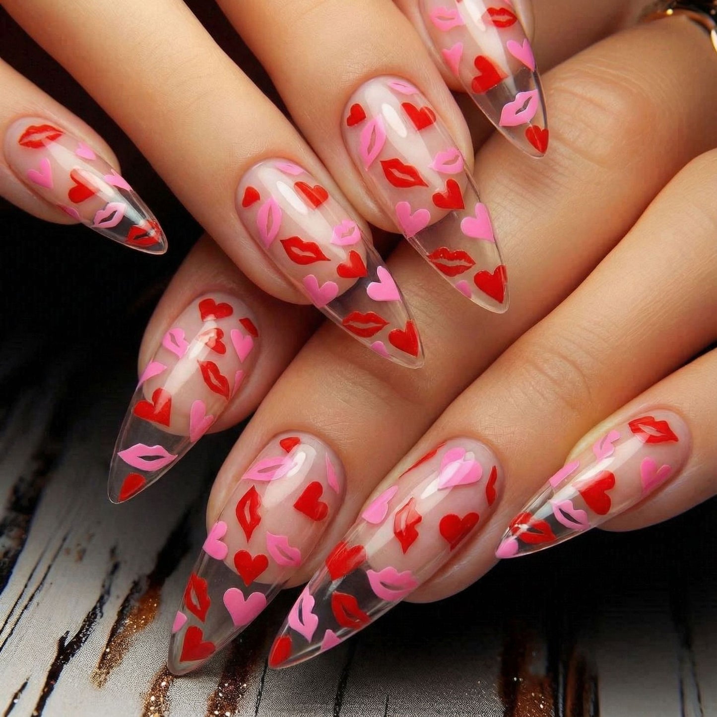 Chic Romance Long Stiletto Transparent Red and Pink Heart Kiss Nail Set