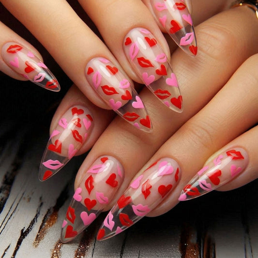 Chic Romance Long Stiletto Transparent Red and Pink Heart Kiss Nail Set