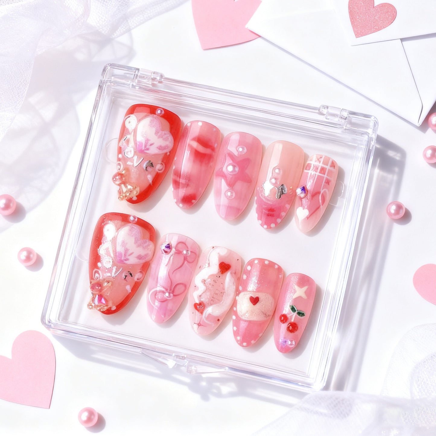 Love Story Medium Almond Pink with Charming Heart and Star Accents Press on Nail Set