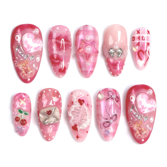 Romantic Heartfelt Medium Almond Pink Press On Nail Set with Adorable Decorative Elements