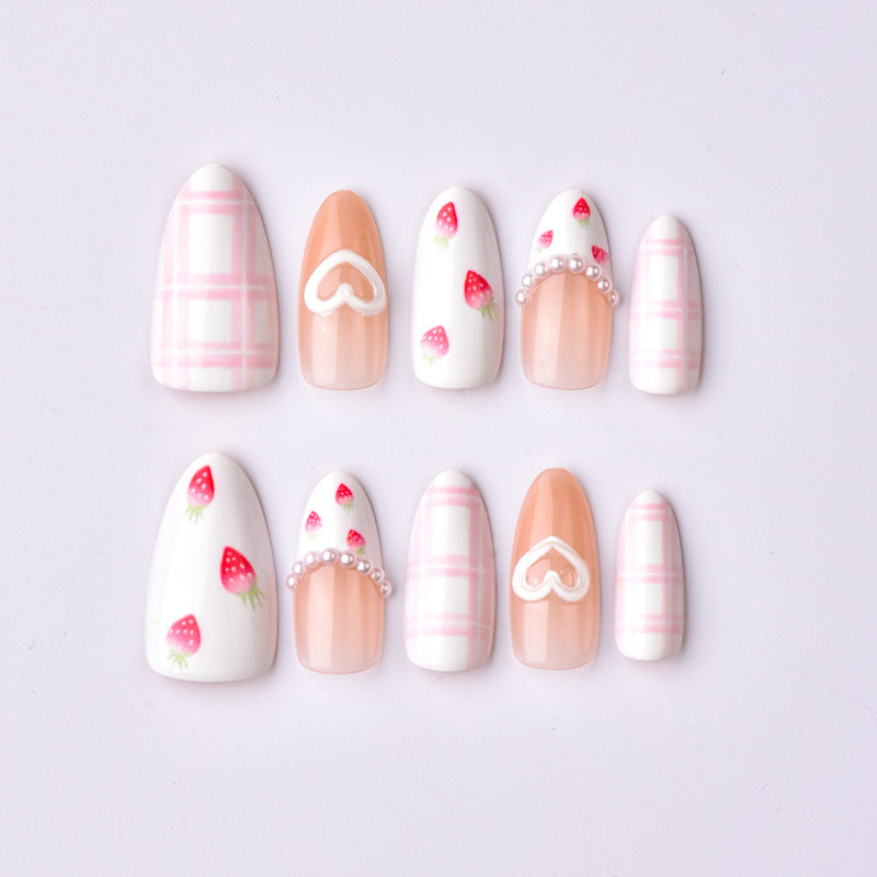 Sweet Strawberry Dream Medium Almond White with Charming Heart Design Press on Nail Set