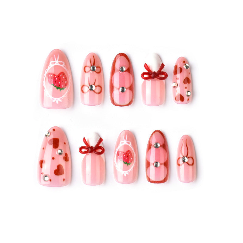 Sweetheart Strawberry Themed Medium Almond Pink Nail Set with Charming Bow and Gem Details