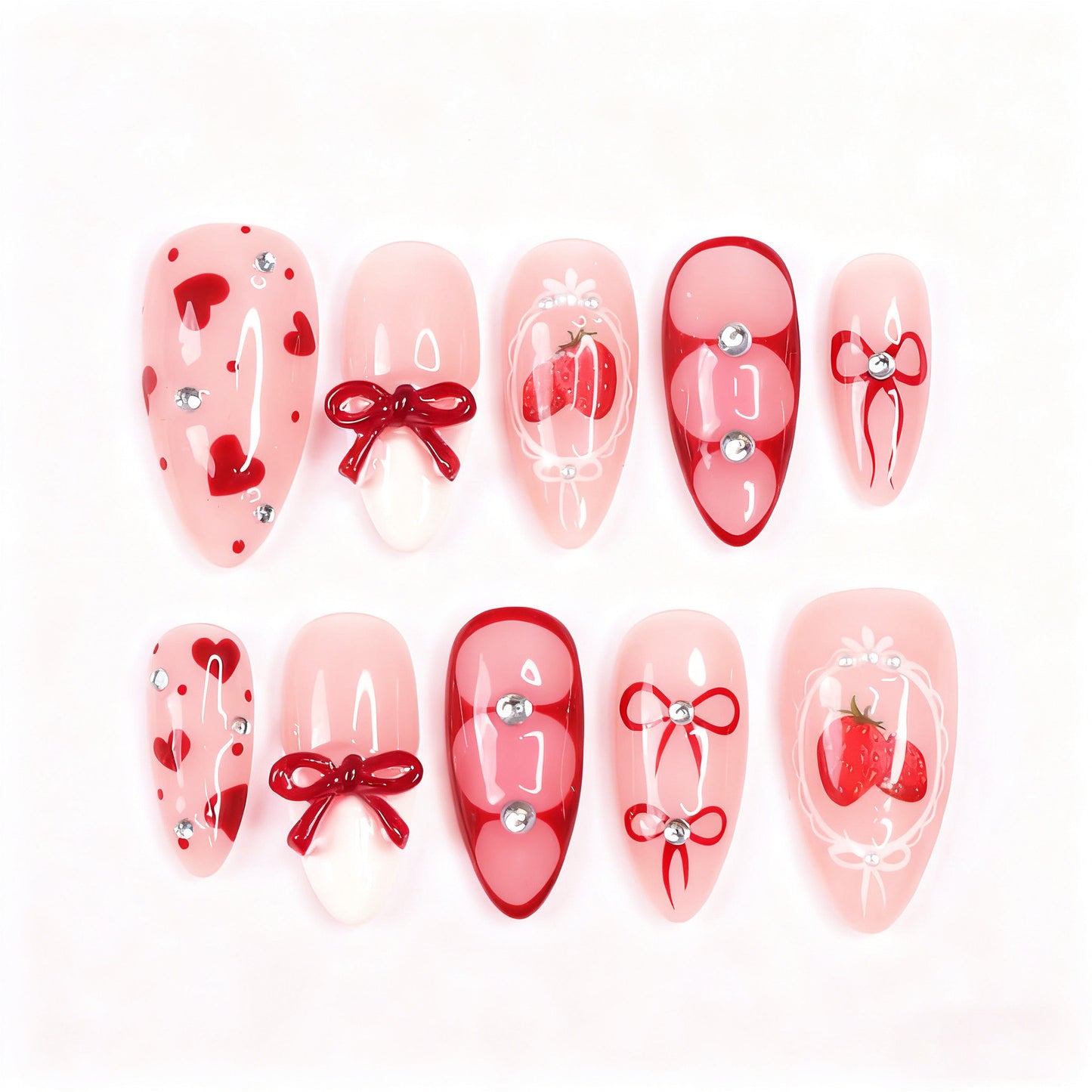 Sweet Strawberry Dream Medium Almond Pink Nails with Heart and Bow Accents