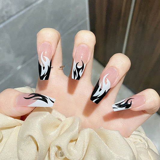 Flaming Rebel Long Coffin Press On Nail Set in Clear Pink Black and White with Unique Flame Design