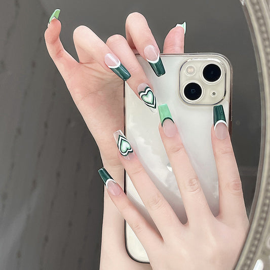Charming Hearts Long Coffin Green Ombre Press On Nail Set with Heart Design