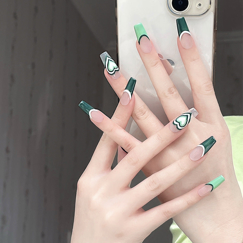 Green Heart Elegance Long Coffin Press On Nail Set with Unique Heart Design and Gradient Green Accent