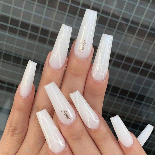Elegant Charm Long Coffin White Press On Nail Set with Gold Accent Feature