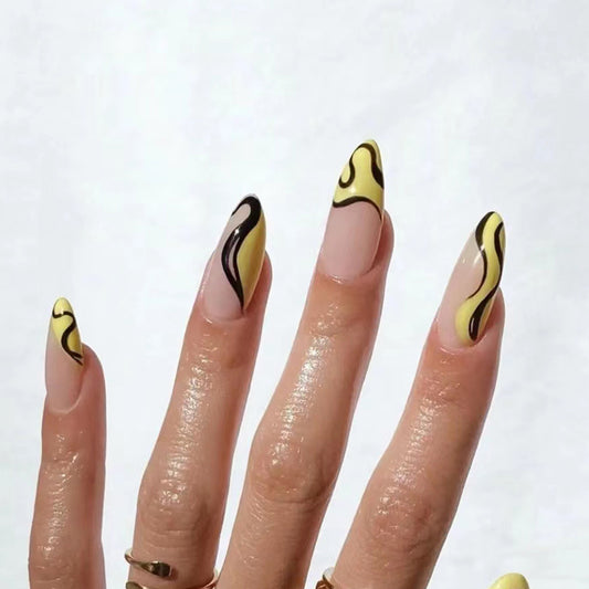Citrus Dream Long Almond Press On Nail Set Yellow Black Swirl Design Perfect for Summer Vibes