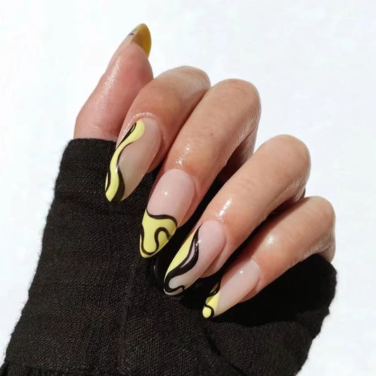 Sunshine Wave Long Stiletto Yellow and Black Press On Nail Set with Artistic Swirl Design
