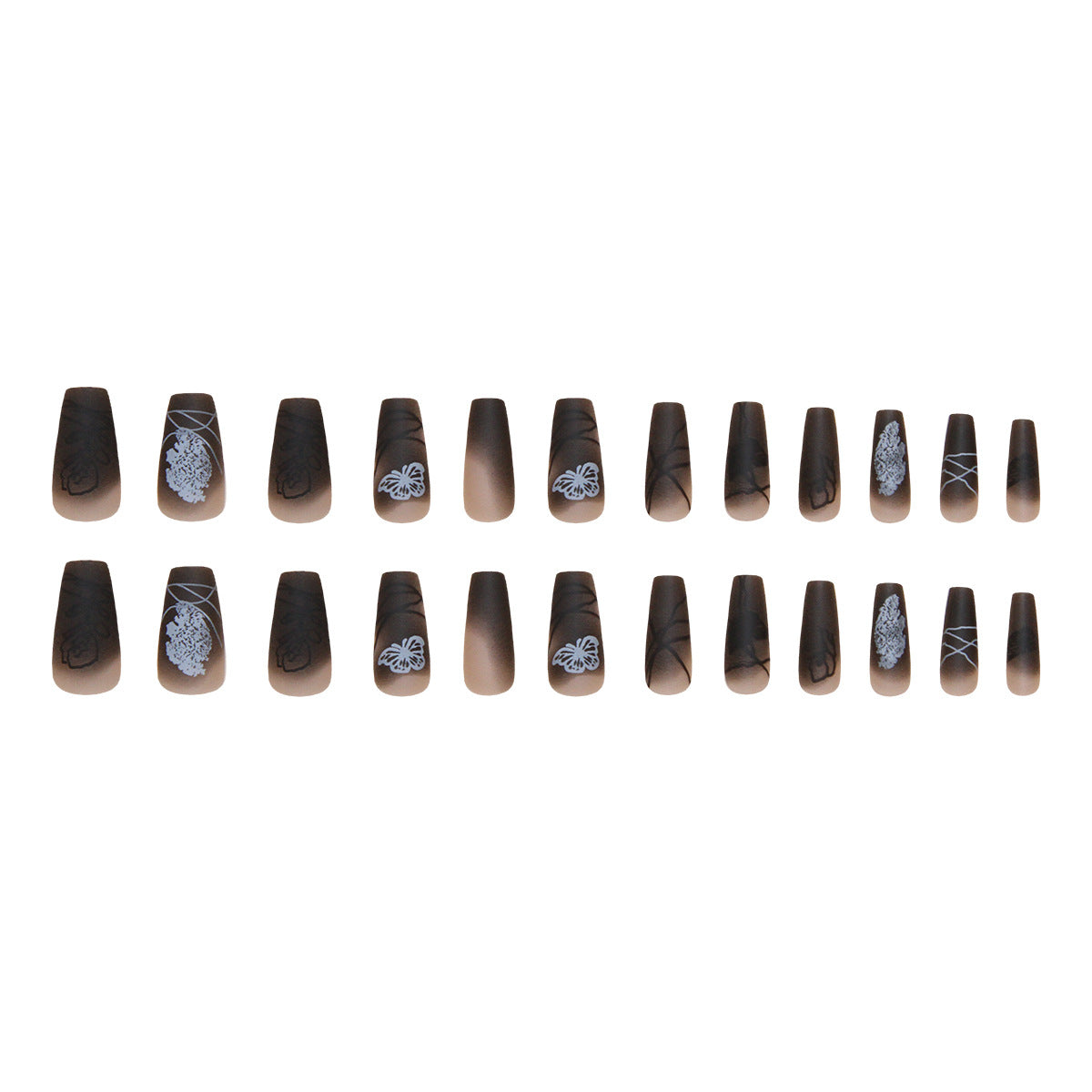 Mystical Elegance Brown Ombre Long Coffin Shaped Nails with Intricate White Designs