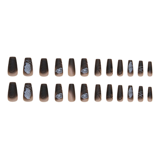 Mystical Elegance Brown Ombre Long Coffin Shaped Nails with Intricate White Designs