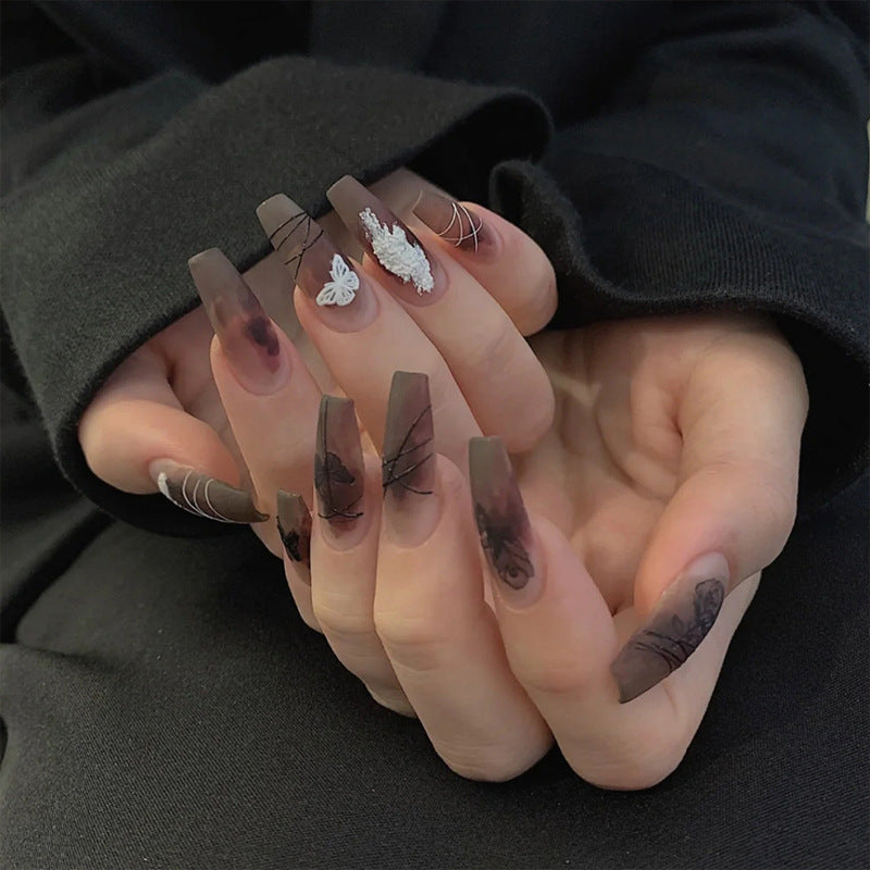 Enchanted Forest Long Coffin Smoky Gray Press on Nail Set with Butterfly and Floral Embellishments
