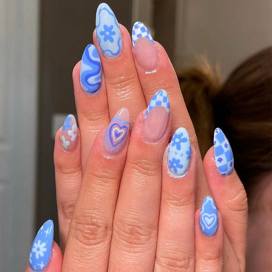 Cool Blue Floral Almond Shaped Long Press On Nail Set with Unique Abstract Designs