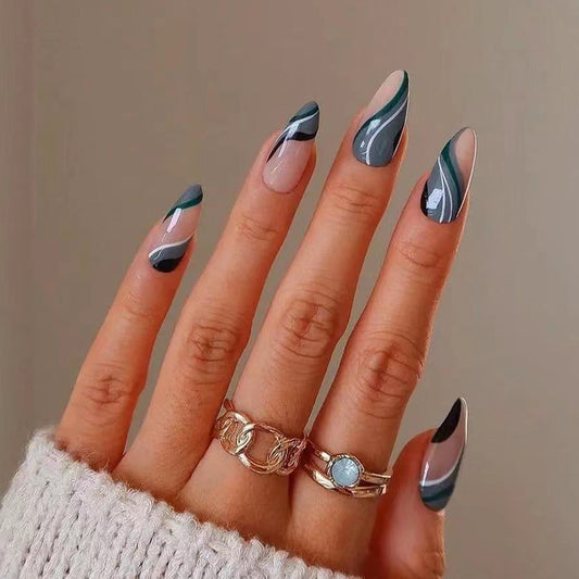 Ocean Waves Long Almond Green and Beige Marbled Press On Nail Set with Glossy Finish