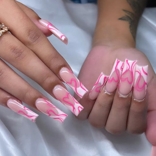 Valentine's Day Fantasy Long Square Pink Ombre Press On Nail Set with Heart Swirl Design