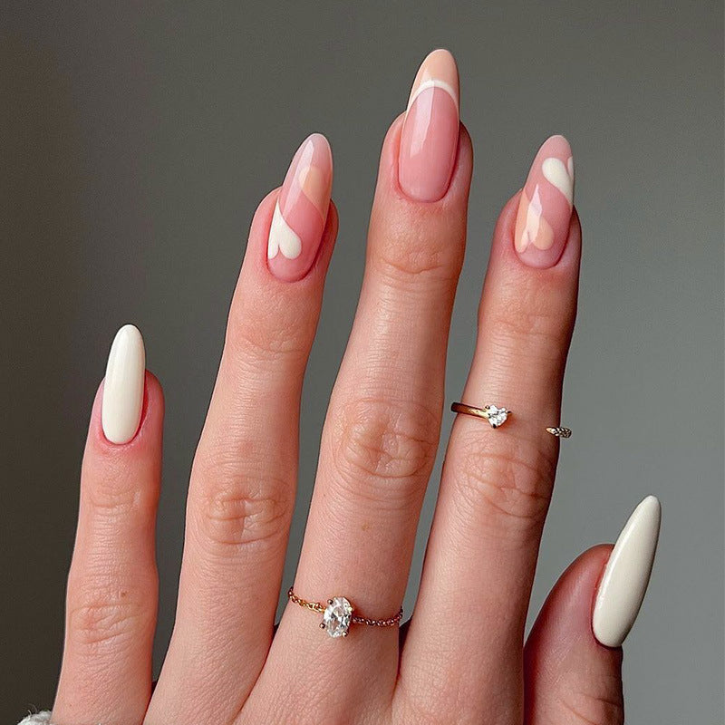 Elegant Romance Long Almond Beige Pink and White Heart Design Press On Nail Set