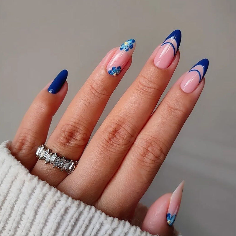 Charming Floral Fantasy Extra Long Almond Shaped Blue and Pink Press On Nail Set with Artistic Flower Designs