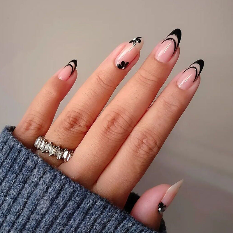 Elegant Garden Bliss Long Almond Pink Black Floral Press On Nail Set