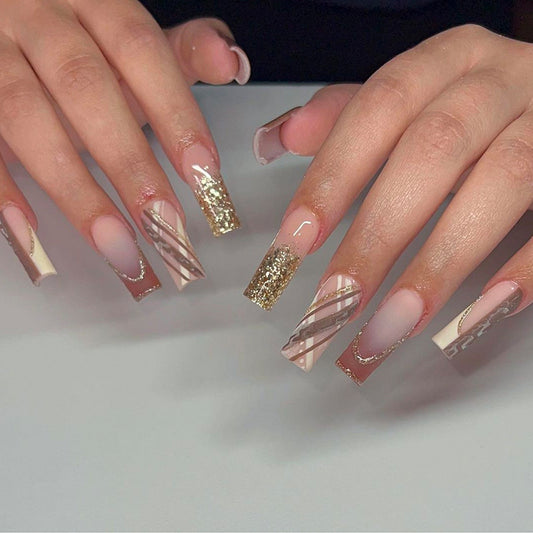 Glamorous Parisian Elegance Long Square Beige and Gold Glitter Press On Nail Set with Luxe Geometric Designs