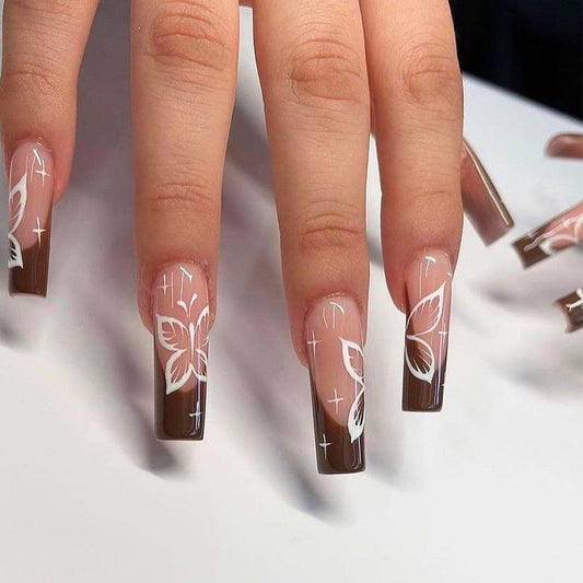 Bohemian Butterfly Long Square Brown Ombre Press On Nail Set with Floral Art Design