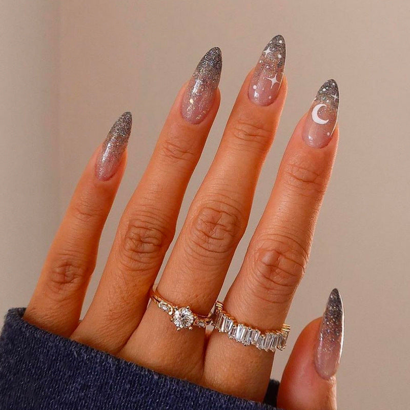 Celestial Dream Long Almond Press On Nail Set in Silver Ombre with Glitter and Moon Design