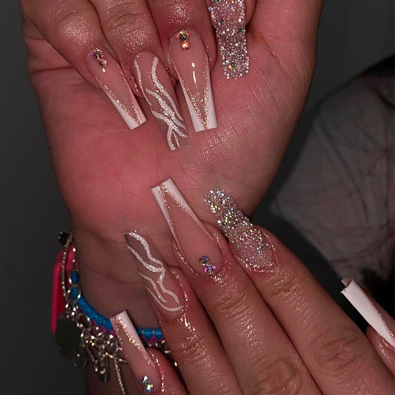 Glamorous Elegance Long Coffin Beige Press On Nail Set with Glitter Accents and Rhinestone Embellishments