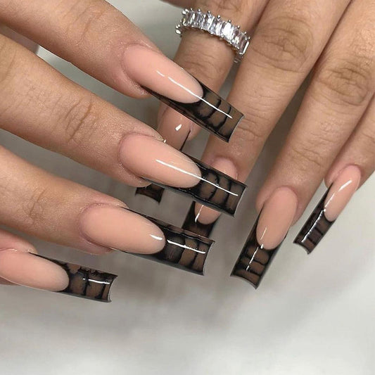 Gothic Glam Extra Long Square Press On Nail Set in Beige and Black with Transparent Accents
