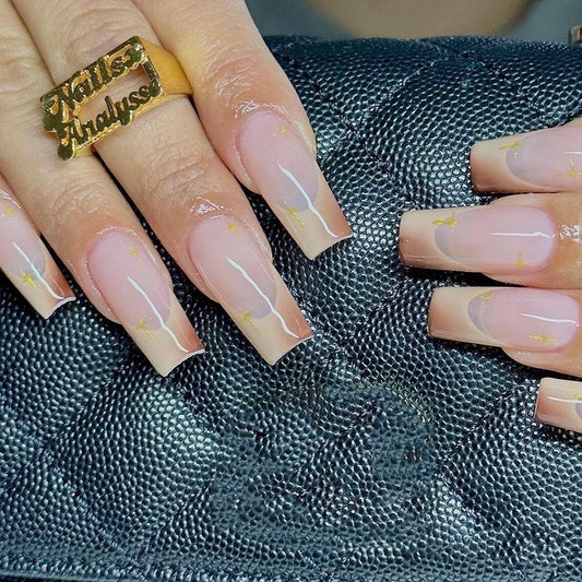 Glamorous Serenity Long Square Beige Press On Nail Set with Gold Stardust Design