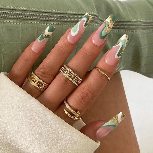Ocean Breeze Long Coffin Green Pink and Gold Swirl Press On Nail Set