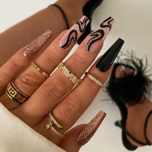 Glamorous Night Out Extra Long Square Press On Nail Set in Pink Black and Glitter With Unique Swirl Design