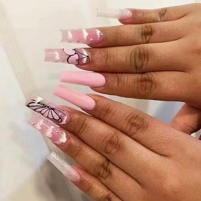Butterfly Dreams Long Square Pink Press On Nail Set with Butterfly Art and Glitter Accents